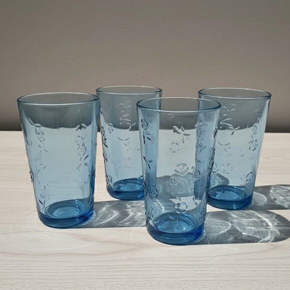 Anchor Hocking Savannah Tumblers Blue Drinking Glasses Etched Flowers SET OF 4 - Picture 15 of 15